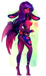  2022 5_fingers anthro clothed clothing digital_media_(artwork) eyebrows eyelashes feathered_wings feathers female fingers hair hi_res hybrid looking_at_viewer pacevanrign purple_hair red_eyes smile solo wings 