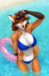  2022 5_fingers anthro beach bikini blue_eyes canid canine clothed clothing day detailed_background digital_media_(artwork) elvofirida eyebrows eyelashes female fingers fox fur hi_res mammal midriff navel orange_body orange_fur outside partially_submerged sand seaside shoreline smile solo swimwear water 