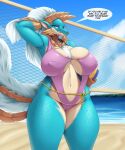  anthro beach breasts capcom clothing fanged_wyvern female fur genitals horn looking_at_viewer mleonheart monster_hunter nude pussy scales scalie seaside smile swimwear video_games zinogre 