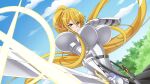  1girl absurdly_long_hair animal_ears armor artist_request blonde_hair blue_eyes blush boobplate breasts centorea_shianus game_cg glint holding holding_sword holding_weapon horse_ears huge_breasts long_hair long_sword monster_girl monster_musume_no_iru_nichijou monster_musume_no_iru_nichijou_online official_art outdoors plate_armor pointy_ears ponytail scabbard sheath sky solo sword very_long_hair weapon 