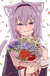  1girl absurdres ahoge animal_ears blush bouquet cat_ears cat_girl cat_tail chun_1234567 confetti grin hairband highres hololive looking_at_viewer nekomata_okayu purple_eyes purple_hair short_hair simple_background smile solo tail virtual_youtuber white_background 