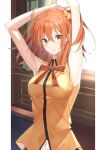  1girl ahoge armpits arms_up bow breasts eyebrows_visible_through_hair fate/grand_order fate_(series) fujimaru_ritsuka_(female) hair_ornament hair_scrunchie highres looking_at_viewer medium_breasts navel one_side_up orange_eyes orange_hair pttyr ribbon scrunchie short_hair solo upper_body window 