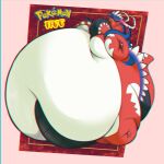  2_horns 5_fingers 5_toes ambiguous_gender anthro belly belly_inflation big_belly big_cheeks body_inflation english_text feet fingers hi_res horn hyper hyper_belly inflation koraidon looking_down_at_self moobs nightyspark nintendo nude pok&eacute;mon red_body solo text toes video_games white_belly 