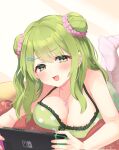  1girl bangs blush breasts camisole cleavage double_bun festa11307070 game_console green_eyes green_hair hair_bun hair_ornament hairclip highres jewelry large_breasts long_hair looking_at_viewer lying morinaka_kazaki nail_polish necklace nijisanji nintendo_switch no_shoes on_stomach open_mouth smile solo tareme virtual_youtuber 