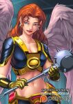  1girl alien armor dc_comics earrings gloves green_eyes hawkgirl jewelry justice_league mace midriff patreon_username red_hair shayera_hol superhero weapon wings xong 