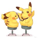  :&lt; animal animal_focus closed_mouth commentary highres misonikomiii open_mouth pikachu pokemon pokemon_(creature) shadow simple_background sitting stethoscope stool v-shaped_eyebrows white_background 