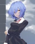  1girl ayanami_rei bangs black_dress blue_hair blurry blurry_background closed_mouth cloud cloudy_sky dress dress_shirt evangelion:_3.0+1.0_thrice_upon_a_time hair_between_eyes long_sleeves looking_at_viewer neck_ribbon neon_genesis_evangelion outdoors pinafore_dress rebuild_of_evangelion red_eyes red_ribbon ribbon shiny shiny_hair shirt short_hair sky sleeves_past_wrists smile solo white_shirt yagisawa_teru 