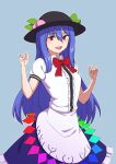  1girl :d bangs black_headwear blue_background blue_hair blue_skirt bow bowtie center_frills cowboy_shot eyebrows_visible_through_hair food frills fruit hair_between_eyes highres hinanawi_tenshi kakone leaf long_hair looking_at_viewer one-hour_drawing_challenge open_mouth peach red_bow red_bowtie red_eyes short_sleeves simple_background skirt smile solo standing touhou 