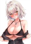  1girl bangs bare_shoulders black_dress breasts cleavage collarbone dress fate/grand_order fate_(series) fur_trim grey_hair highres jeanne_d&#039;arc_alter_(fate) jeanne_d&#039;arc_alter_(ver._shinjuku_1999)_(fate) jewelry large_breasts looking_at_viewer marisasu_(marisa0904) necklace off_shoulder open_clothes short_hair solo yellow_eyes 