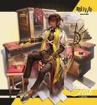  1boy alcohol arknights bishounen black_gloves brown_hair cake cake_slice cross dark-skinned_male dark_skin earrings english_text food full_body gloves highres jewelry long_hair looking_at_viewer male_focus pienahenggou sitting solo wanted whiskey 