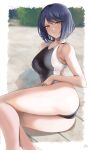  1girl armpit_crease ass bangs bare_arms bare_legs blue_hair blurry blurry_background bob_cut breasts brown_eyes collarbone competition_swimsuit eyebrows_visible_through_hair feet_out_of_frame genshin_impact highres kujou_sara large_breasts legs light_blush looking_at_viewer lying on_side one-piece_swimsuit ryudraw short_hair solo swimsuit thighs two-tone_swimsuit 