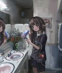  1girl absurdres bathroom blush brown_eyes brown_hair drying drying_hair faucet flower hair_dryer highres holding holding_hair_dryer long_hair looking_at_viewer mikun109323 mirror original shirt shorts shrimp shrimp_print sink soap soap_bottle towel 