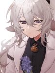  1boy animal_ears arknights bishounen black_shirt bouquet calcite_(arknights) closed_mouth cow_boy cow_ears flower formal grey_hair highres jewelry male_focus mengyajunsprout necklace purple_eyes purple_flower shirt short_hair simple_background solo suit upper_body 