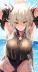  1girl absurdres arknights arms_behind_head arms_up bangs blue_sky blush breasts brown_eyes close-up crossed_bangs eyebrows_visible_through_hair grey_hair hair_between_eyes highres horns large_breasts long_hair looking_at_viewer official_alternate_costume one-piece_swimsuit outdoors parted_lips pointy_ears raw_egg_lent shining_(arknights) shining_(silent_night)_(arknights) sidelocks sky solo sunlight swimsuit thighs water wet wet_clothes 