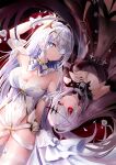  2girls absurdres age_fx azur_lane black_dress black_vs_white blue_eyes breasts cleavage contrast detached_collar dress dual_persona emden_(azur_lane) flower flower_over_eye from_above grey_hair highres large_breasts long_hair looking_at_viewer lying multiple_girls on_back padlocked_collar red_eyes red_flower red_rose rose very_long_hair white_dress white_flower white_hair white_rose 