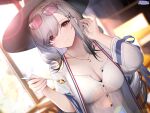  1girl an_yasuri azur_lane bangs banned_artist blurry blurry_background breasts cleavage closed_mouth collarbone dunkerque_(afternoon_venus)_(azur_lane) dunkerque_(azur_lane) dutch_angle eyebrows_visible_through_hair eyewear_on_head glasses grey_hair hair_between_eyes hair_ornament hat highres indoors jewelry large_breasts long_hair looking_at_viewer necklace red_eyes short_sleeves sidelocks smile solo sunglasses swept_bangs window yostar 