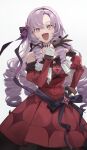  1girl :d absurdres bangs bare_shoulders black_gloves breasts dress drill_hair gloves hair_ribbon hairband highres hyakumantenbara_salome laughing light_purple_hair long_hair long_sleeves looking_at_viewer nijisanji off_shoulder ojou-sama_pose parted_bangs purple_eyes red_dress ribbon simple_background smile solo tsuiru virtual_youtuber white_background 