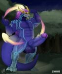  3_toes 5_fingers anthro aurelion_sol_(lol) balls big_balls big_muscles big_penis blue_body detailed_background digitigrade dragon erection feet fingers flexing genitals hair headgear headgear_only hi_res humanoid_genitalia humanoid_penis league_of_legends long_hair luisdawolf male markings muscular muscular_male penis presenting presenting_penis purple_hair riot_games solo toes video_games 