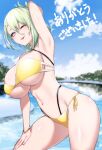  1girl :p arm_behind_head arm_up armpits bikini bracelet braid breasts commentary_request commission cowboy_shot de_lacey_(girls&#039;_frontline_nc) girls&#039;_frontline girls&#039;_frontline_neural_cloud green_hair hair_between_eyes highres hip_focus huge_breasts jewelry long_hair looking_at_viewer mole mole_under_mouth navel omagacchu one_eye_closed outdoors purple_eyes side-tie_bikini signature skeb_commission skindentation sky solo swimsuit symbol-shaped_pupils thighs tongue tongue_out translation_request water yellow_bikini yellow_swimsuit 