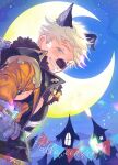  1boy animal_ears animal_hands bangs bara black_tank_top blonde_hair blush crescent_moon fur_collar gloves granblue_fantasy halloween_costume jacket large_pectorals looking_at_viewer male_focus moon muscular muscular_male night night_sky official_alternate_costume orange_jacket outdoors paw_gloves pectorals shirt sky sky_kbuc smile solo tank_top torn_clothes torn_shirt twitter_username upper_body vane_(granblue_fantasy) vane_(halloween)_(granblue_fantasy) white_shirt wolf_boy wolf_ears 