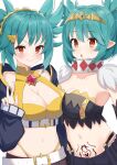  2girls absurdres bangs belt black_wings blue_hair blush breasts cleavage collar commentary dual_persona english_commentary eyebrows_visible_through_hair feathers green_hair harpy highleg highleg_panties highres hzhc indie_virtual_youtuber large_breasts lincoro medium_breasts midriff monster_girl multiple_girls navel open_mouth panties pointy_ears red_eyes second-party_source short_hair short_twintails simple_background stomach_tattoo tattoo tiara twintails underwear v virtual_youtuber white_background winged_arms wings 
