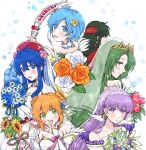  6+girls bare_shoulders blue_eyes blue_hair blush bouquet bow_(weapon) bridal_gauntlets cecilia_(fire_emblem) collarbone double_bun dress falling_petals fire_emblem fire_emblem:_the_binding_blade fire_emblem_heroes frills green_eyes green_hair hair_bun hat headband highres holding holding_bouquet larum_(fire_emblem) lilina_(fire_emblem) long_hair looking_at_viewer looking_back misato_hao multiple_girls official_alternate_costume orange_hair petals purple_eyes purple_hair roy_(fire_emblem) shanna_(fire_emblem) short_hair simple_background smile sophia_(fire_emblem) sue_(fire_emblem) veil very_long_hair weapon wedding_dress white_background white_dress 
