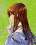  1girl arm_belt bangs belt brown_hair eyelashes finger_to_mouth from_side green_background hand_up highres huke index_finger_raised long_hair long_sleeves looking_at_viewer makise_kurisu necktie off_shoulder official_art parted_lips profile purple_eyes red_necktie shushing sideways_glance solo steins;gate upper_body 