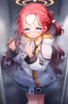  1girl blue_archive blue_eyes bow braid commentary_request forehead hair_bow halo hands_up highres hood hood_down hooded_jacket in_locker jacket kito_(sorahate) locker long_sleeves looking_at_viewer parted_lips red_hair solo steam sweat white_bow white_jacket yuzu_(blue_archive) 