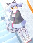  2022 3:4 absurd_res anthro black_body black_fur black_hair blush bottomwear breasts clothed clothing dutch_angle felid female footwear fur grey_body grey_fur grey_hair hair haruki_no_saidai_no_teki_wa_risei hi_res kemono koutyax112425 mammal multicolored_body multicolored_ears multicolored_fur multicolored_hair multicolored_tail open_mouth pantherine pink_nose shoes short_hair skirt snow_leopard socks solo spots spotted_body spotted_fur sweater tail_under_skirt topwear white_body white_fur yellow_eyes yukino_hariba 