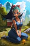  1girl :o absurdres aqua_hair blue_eyes blue_sky bow braid braided_ponytail breasts bulma cleavage cloud cosplay dougi dragon_ball dragon_ball_(classic) dragon_ball_(object) elite_nappa grass hair_bow highres house looking_at_viewer own_hands_together scenery seiza sitting sky solo son_goku son_goku_(cosplay) 