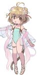  1girl andira_(granblue_fantasy) animal_ears antenna_hair bare_shoulders blonde_hair brown_eyes casual_one-piece_swimsuit chibi covered_navel detached_sleeves double_bun eno_(preno_gb) flat_chest full_body granblue_fantasy green_swimsuit groin hair_bun highres looking_to_the_side monkey_ears monkey_girl monkey_tail one-piece_swimsuit open_mouth outstretched_arm sandals see-through see-through_sleeves short_hair simple_background smile solo standing swimsuit tail thigh_strap white_background 