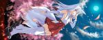  1girl animal_ears bangs breasts cherry_blossoms detached_sleeves fox_ears fox_girl fox_tail full_moon fumihiro hakama hakama_skirt highres hip_vent japanese_clothes long_hair looking_at_viewer miko moon multicolored_hair multiple_tails night original panties petals red_eyes red_hakama ribbon-trimmed_sleeves ribbon_trim skirt small_breasts solo tail thighhighs two-tone_hair underwear white_hair white_legwear white_panties wind 