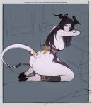  1girl ass bare_arms black_hair breasts colored_skin commentary curled_horns digitigrade english_commentary english_text facial_mark forehead_mark highres hooves horn_ornament horn_ring horns ida_(tarakanovich) large_breasts long_hair looking_at_viewer original pelvic_curtain purple_eyes sideboob sitting sketch solo tail tail_ornament tarakanovich white_skin 