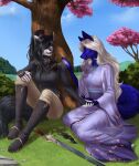  2022 5_fingers anthro black_hair blue_body blue_fur breasts canid canine clothed clothing day detailed_background digital_media_(artwork) duo elvofirida female fingers fur hair hi_res mammal melee_weapon outside sky smile sword weapon 