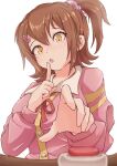  1girl absurdres b1ack_illust blurry blurry_foreground brown_hair cardigan finger_to_mouth hair_ornament hair_scrunchie highres idolmaster idolmaster_million_live! idolmaster_million_live!_theater_days kasuga_mirai looking_at_object one_side_up pink_cardigan pushbutton scrunchie simple_background solo upper_body white_background 