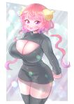  1girl :p black_dress black_legwear blush breasts cleavage cleavage_cutout clothing_cutout dragon_girl dragon_horns dress horns huge_breasts ilulu_(maidragon) kobayashi-san_chi_no_maidragon long_sleeves looking_at_viewer meme_attire pink_eyes pink_hair shortstack slit_pupils thighhighs tongue tongue_out virgin_killer_sweater yellow_horns yuri_kichi_3p zettai_ryouiki 