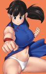  1girl bangs black_eyes black_hair blue_dress blunt_bangs blush breasts chi-chi_(dragon_ball) china_dress chinese_clothes commentary_request commission cowboy_shot dragon_ball dress floating_hair furrowed_brow highres huge_breasts incoming_attack incoming_punch lips looking_at_viewer navel nemui333 orange_background panties ponytail punching sidelocks simple_background sleeveless sleeveless_dress smile solo taut_clothes taut_dress thighs underwear white_panties wristband 