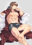  1boy abs bara bare_pectorals boxers brown_hair bulge coat crossed_legs edging_underwear elbow_rest erection erection_under_clothes facial_hair fate/grand_order fate_(series) feet foot_out_of_frame goatee grey_male_underwear hector_(fate) highres imoda long_hair looking_at_viewer male_focus male_underwear mature_male muscular muscular_male navel navel_hair nipples no_pants no_shirt open_clothes open_coat pectorals solo stomach thighs toes underwear 