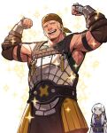  1boy 1girl armor armored_gloves bandana bara belt biceps black_belt blonde_hair brown_eyes chest_armor diamond_(shape) fire_emblem fire_emblem:_three_houses flexing green_tank_top highres large_pectorals looking_at_viewer lysithea_von_ordelia muscular muscular_male open_mouth pectorals pose raphael_kirsten short_hair sideburns smile sparkle tank_top zoo_(oukakumaku) 