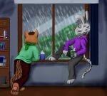  anthro bookshelf duo felid furniture hi_res hot_drink hybrid lagomorph leporid male male/male mammal pantherine rabbit raining relaxing sfw storm theslimedragon tiger waiting window 