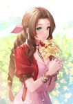  1girl aerith_gainsborough bangs belt blush bracelet braid braided_ponytail breasts brown_hair buttons chachie choker cleavage cropped_jacket dress falling_petals field final_fantasy final_fantasy_vii final_fantasy_vii_remake flower flower_field green_eyes hair_ribbon highres holding holding_flower jacket jewelry long_hair medium_breasts own_hands_clasped own_hands_together parted_bangs petals pink_dress red_jacket ribbon short_sleeves sidelocks smile solo upper_body wavy_hair yellow_flower 