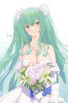  1girl aqua_eyes aqua_hair bare_shoulders bouquet breasts cleavage collarbone commentary detached_sleeves dress flower grin hair_ornament hatsune_miku highres holding holding_bouquet jewelry kinopiillust lily_(flower) lips long_hair looking_at_viewer necklace pink_flower simple_background smile solo twintails very_long_hair vocaloid wedding_dress white_dress white_flower white_sleeves 