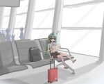  1girl airport aqua_hair blue_shirt cellphone chair curly_hair floral_print glasses hawaiian_shirt highres horns komano_aunn long_hair mata_(matasoup) phone reading sandals shirt short_sleeves shorts single_horn smartphone smile sunglasses touhou 