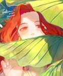  1girl 2020 blush covered_mouth earrings eden_(eden871225) facing_viewer half-closed_eyes hand_up highres jewelry leaf long_hair looking_to_the_side nail_polish orange_eyes orange_hair original parted_hair plant plant_request signature solo summer thick_eyebrows v-neck 