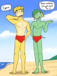  anthro anthrofied beach bulge clothed clothing dialogue duo electrike english_text fuze hi_res jolt_(fuze) male navel nintendo nipples numel pok&eacute;mon pok&eacute;mon_(species) pok&eacute;morph red_clothing red_speedo red_swimwear rodd_(fuze) sea seaside speedo speedo_only swimwear text topless video_games water 