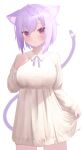  1girl absurdres ahoge animal_ear_fluff animal_ears bangs blush bow cat_ears cat_girl cat_tail cowboy_shot dress hair_between_eyes hand_up highres hololive long_sleeves looking_at_viewer nanome_to neck_ribbon nekomata_okayu parted_lips purple_eyes purple_hair purple_ribbon ribbon short_hair simple_background skirt_hold solo standing tail tail_bow tail_ornament virtual_youtuber white_background white_bow white_dress 