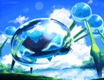  araquanid blue_eyes cloud commentary_request day lens_flare looking_at_viewer no_humans ohhhhhhtsu outdoors pokemon pokemon_(creature) ripples sky solo twitter_username water 