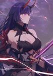  1girl armor artist_name bangs bare_shoulders breasts cleavage closed_mouth cloud cloudy_sky electricity gauntlets highres holding holding_sword holding_weapon honkai_(series) honkai_impact_3rd horns japanese_armor katana long_hair nekopurrincess outdoors purple_eyes purple_hair purple_sky raiden_mei raiden_mei_(herrscher_of_thunder) sky solo sword weapon 