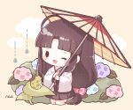  1girl ahoge bangs black_hair blue_flower bow cloud commentary_request flower frog hair_bow highres holding holding_umbrella hydrangea kantai_collection leaf long_hair long_sleeves low-tied_long_hair nada_namie oil-paper_umbrella one_eye_closed open_mouth pink_bow pink_flower purple_flower shouhou_(kancolle) signature simple_background solo umbrella very_long_hair water_drop wide_sleeves 