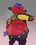  animal_crossing anthro big_butt bodily_fluids bottomwear bottomwear_down butt clothed clothing cyd_(animal_crossing) elephant elephantid hair hi_res looking_back male mammal musk nintendo overweight pants pants_down partially_clothed proboscidean purple_hair red_body solo submarine_screw sweat video_games 